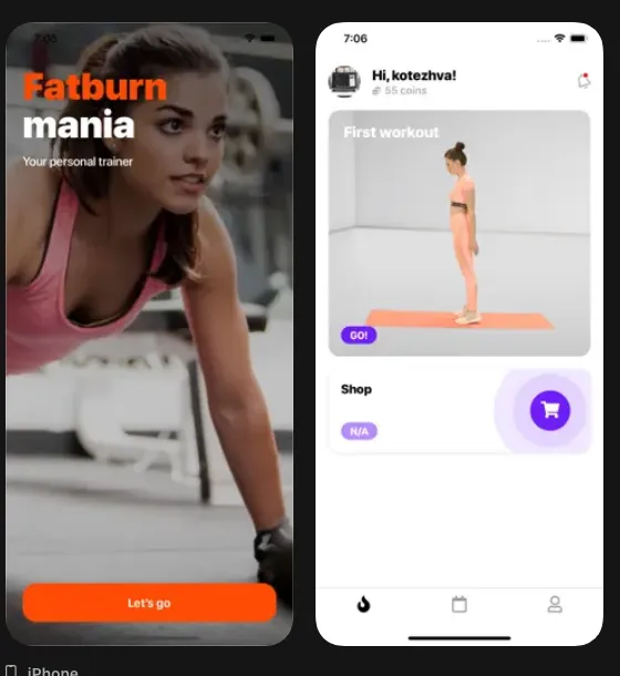 Онбординг и главный экран приложения Fatburn Mania